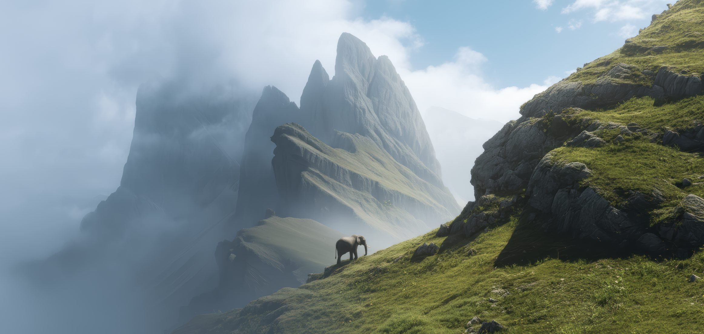 Das Bild zeigt einen Elefanten im Gebrige, der einen Berg hochgeht.